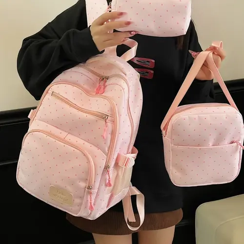 2026 New Three-Piece, Polka Dot Sweet Shoulder Bag, Large Capacity School Backpack for Girls, Cute Fresh Style Backpacks Set