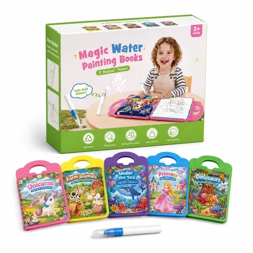 Kids' Reusable Magic Water Painting Books - Ages 3+, 5 Books with Water Pen, Mess-Free Travel Toy, Quiet Time Educational Art Supplies Gift for Toddlers