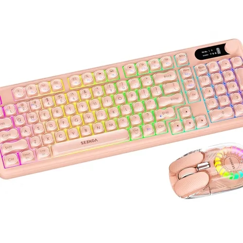 Seenda COE303 Pro Wireless Bluetooth-2.4G Dual Mode Keyboard and Mouse Combo - Transparent Full-Size Silent, Built-in Li-ion Battery, RGB, Compatible with Windows, Mac, Android, iOS (Silent Wireless Keyboard & Mouse Combos)