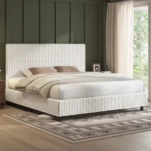VanAcc Upholstered Bed Frame, Corduroy Platform Bed with 3.5" Thick Gap-Free Headboard, Fully Padded, Metal Frame with Strong Slats, No Box Spring Needed #TikTokShopFallDealsForYou