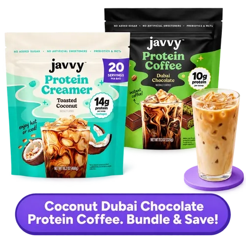 Javvy Coconut Dubai Chocolate Latte TikTok Exclusive Bundle Dubai Chocolate Protein Coffee and Toasted Coconut Collagen Protein Creamer Premium Whey Protein Instant Mix, 100% Natural, No Artificial Flavors & Sweeteners, No Added Sugar, 80 mg Caffeine