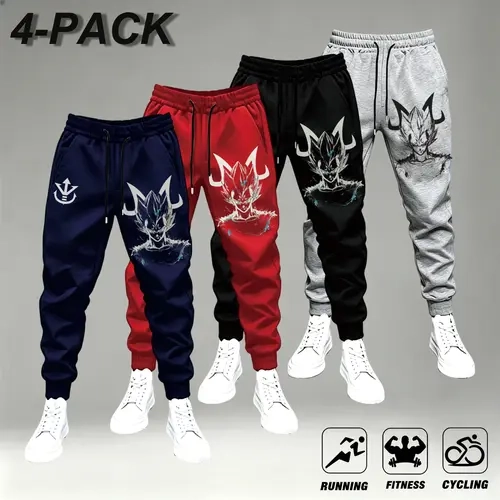 Men's 4-Pack Anime Saiyan Graphic Joggers - Navy, Red, Black, Gray - Casual Comfy Activewear Training Jogger Pants, Matching Athletic Trousers for Running, Fitness - Stylish Streetwear Men's Clothing