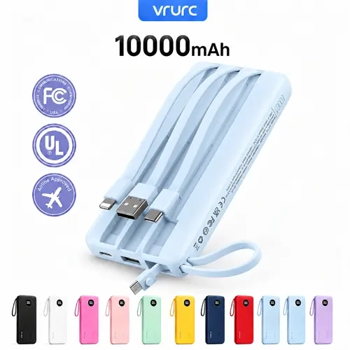【Live Auction】VRURC 10000mAh Portable Power Bank for Mobile Accessories, Built-in 4 Cables, 5-Device Simultaneous Charging, Digital Display, Airline-Approved External Battery for Phones, Watches, Earbuds