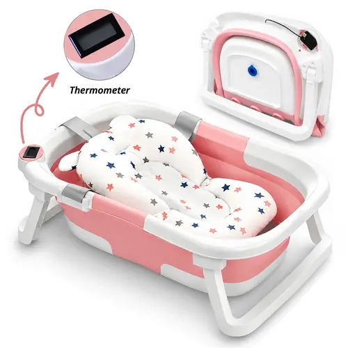 Cochildor Foldable CPSIA-Safe Plastic Newborn Size Infant Tub - Collapsible Travel Tub for 0-12 Months Unisex Babies, Baby Care Essential with Soft Cushion, Thermometer, Easy-Clean & Portable Design (Pink & Gray/Navy Blue/Green) familyfun