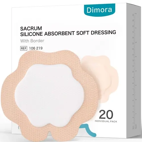 Dimora Medical Silicone Bordered Sacrum Wound Dressing - 7"x7" Polyurethane Foam Soft Bandage with Silicone Layer, Foil Backing, Prop 65 Safe, Exudate Control, Exudate Absorbent, Gentle Adhesive for Bed Sores