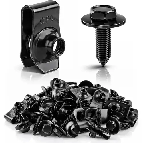 Black Metal Automotive Fastener Kit - 20pcs/50pcs Repair Fasteners & Clips, 1/4" Hex Head Body Bolts, Car Interior Accessories for Secure Fender & Bumper Installation, Black Metal Fasteners & Clips