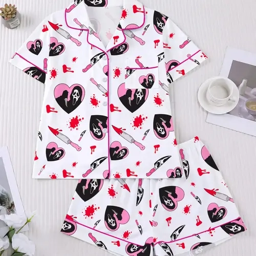 【Black Friday】Halloween Pajama Set, Gothic Print Women's 2-Piece Sleepwear, Short Sleeve Button Shirt & Elastic Shorts, Comfortable Home Wear