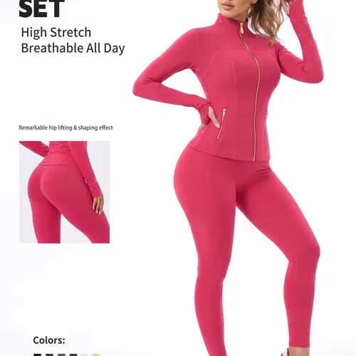 Uncia Active Women's Workout - Long Sleeve Zip-Up Yoga Jacket & Yoga Pants Tracksuit, Gold Zipper Thumb Holes, Pockets, Gardenia Scent Athletic Sportswear, Tracksuit Costume Women's Sports Sweat Suit (Back to School)