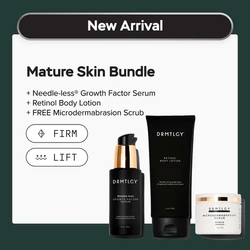 DRMTLGY Mature Skin Bundle. Needle-less Growth Factor + Retinol Body Lotion + Microdermabrasion Scrub. Visibly Lifts, Firms, and Improves Appearance of Skin Texture