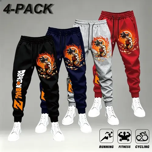 Men's Anime Graphic Joggers 1-4Pack - Black, Navy, Gray, Red - Dragon Theme Letter Print Sweatpants - Comfortable, Stylish Streetwear for Running, Fitness, Men's Sweatpants