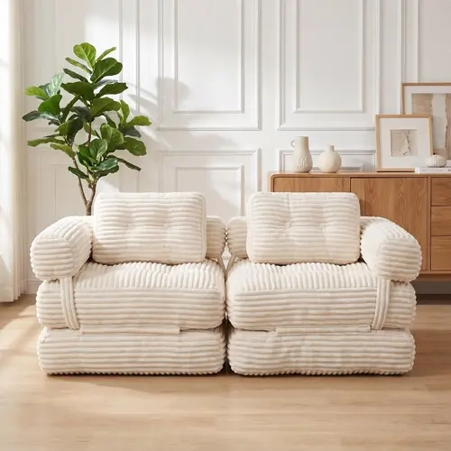 Niccae Boneless Loveseat Futon Sofa Bed - Modern Plush Fabric Couch with Armrest, Pillows, Single Box Delivery, Soft Squishy Living Room Furniture for Living Room