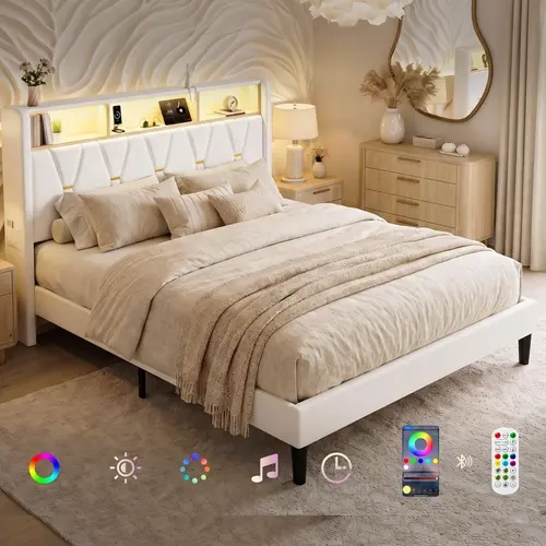 MUTICOR 2-Tier Storage Headboard Bed Frame with LED Lights, Upholstered Platform Bed with Charging Station, Velvet Wingback Headboard, Modern Bed Frame, Smart Bedroom Furniture, Noise-Free, No Box Spring Needed, Easy Assembly, SohoChic