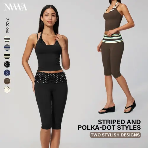 NVWA Women's 2-Piece Gym & Workout Set - Camisole Sports Bra, High-Waisted Capri, Polka Dot/Striped Print, Soft Breathable Moisture-Wicking Fabric, Ideal for Yoga & Casual Home Wear (Women's Clothes, 2 Piece Sets), Two Piece Set