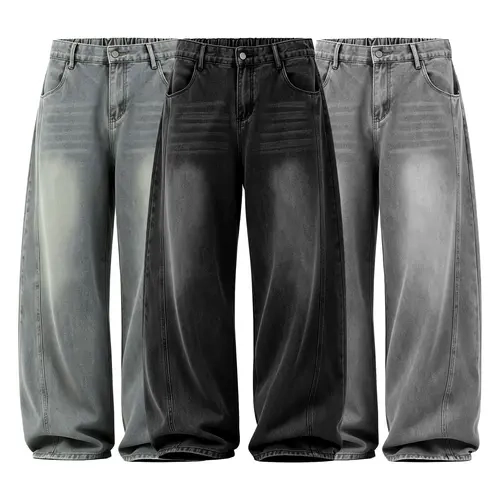 Men's Cotton Blend Baggy Wide Leg Retro Oversized Vintage Wash Jeans Streetwear Denim Pants with Pressed Panel, Hip Hop Casual All Season Men's Clothing