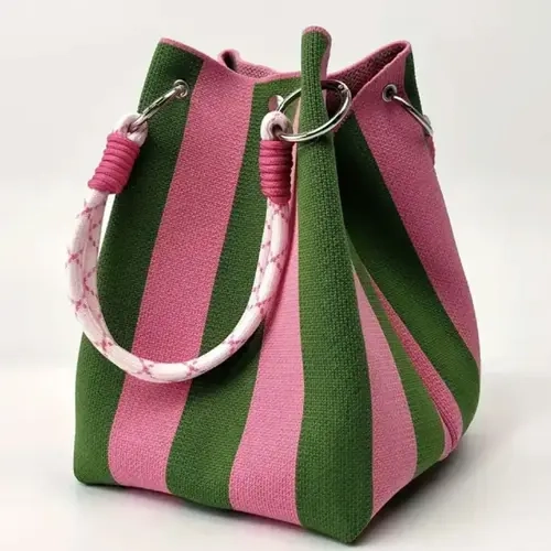 Women's Striped Bucket Bag, Detachable Handwoven Rope, Lightweight Fall Winter Beach Bag, Boho Style Travel Bag, Daily Use and Vacation, Casual Trendy Handbag, Patterned Bag