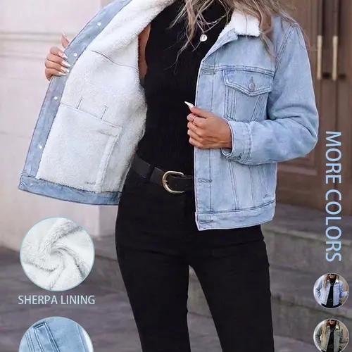 Women's Fall Winter Chic Denim Jacket with Pockets, Long Sleeves &, Elegant Collared Lapel Fleece-Lined Warm Outerwear, Casual Versatile Coat