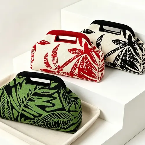 Women's Leaf Pattern Cloud Handbag, Aesthetic Handbag, Clip Closure Evening Bag, Large Capacity Makeup Bag, Lightweight Foldable for Travel, Shopping, Gifts