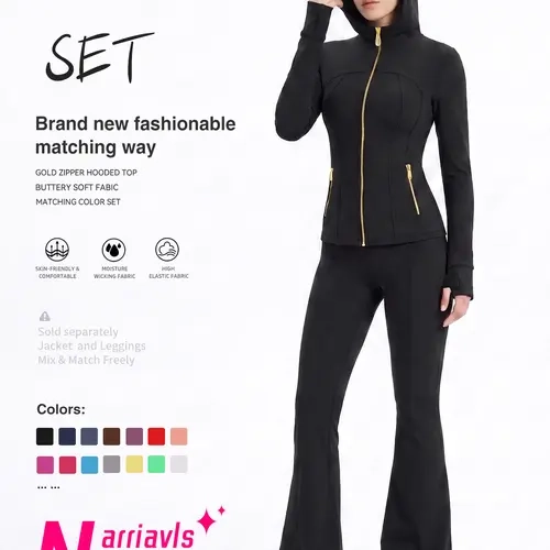 Uncia Active Women's  Athletic Clothes Set - High-Stretch Hooded Long-Sleeve Jacket & Flare Leggings, Gold-Color Zipper, Buttery Soft, Moisture-Wick Slim-Fit Gym Matching Set for Jogging, Pilates,