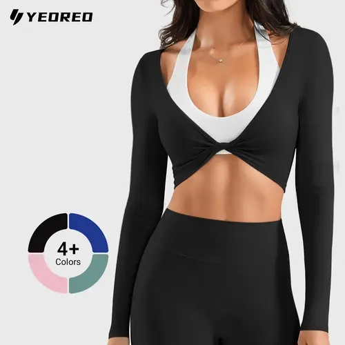 YEOREO Women's Long Sleeve Deep V Knot Twist Back Crop Active Top - Dry Fit Stretch, Athletic Style Activewear, Gym Clothes Women, Fitness Training Tops