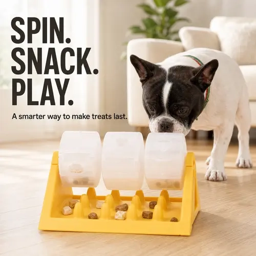 SmartWell PP Plastic 360-Degree Spin Action Dog Treat Dispenser Puzzle Feeder - 3 Removable Chambers, Slow Feeding Mental Enrichment Toy for Indoor Dogs