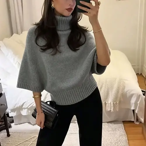 Women's High Neck Plain Batwing Sleeve Knit Sweater, Casual Loose Fitting Fall & Winter Top, Elegant Commute Pullover Knitting