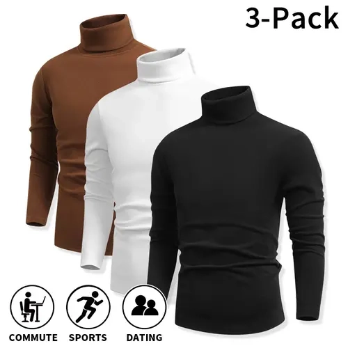 Men’s Turtleneck Menswear Tops, 1-Pack/3-Pack Plain Casual Gym Clothes, Autumn-Winter Slim-Fit Breathable Long-Sleeve Thermal Base Layers, Soft Solid-Color Core Tees for Fitness & Everyday Outfits