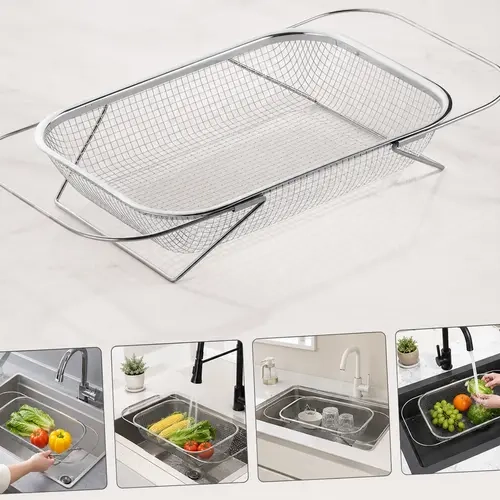 Stainless Steel Rectangular Over-The-Sink Colander Strainer Basket - Expandable Fine Mesh Single Unit Kitchen Utensil with Handles, Silver Stainless Steel Drainer for Cooking Tasks