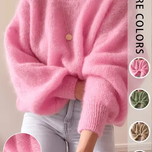 Women's Solid Color Loose Knit Sweater, Casual Everyday Round Neck Pullover for Fall & Winter, Perfect for Daily Commute, Autumn Travel and Vacation, Knitwear