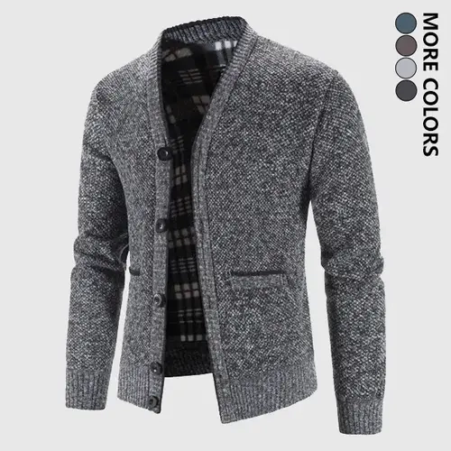 Men's Stylish Fitted Classic V-Neck Fleece-Lined Plaid Polyester Knit Cardigan - Thick, Warm Long-Sleeve Top with Buttons for Daily Commuting, Autumn/Winter Casual Outings