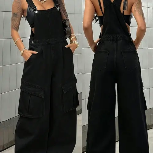 Women's Washed Denim Workwear, Adjustable Straps, High Waist, Loose Fit, Multiple Colors, Street Style, All Seasons, Casual Fashion Jumpsuit