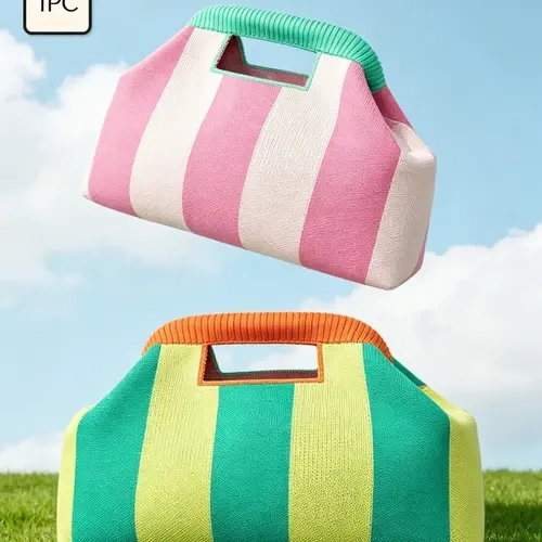 Women's Colorblock Striped Cloud Handbag, Clip-Top, Lightweight Foldable Large Capacity Makeup Bag, Ideal for Work, Parties, Travel, Hobo Handbags