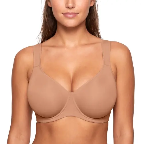 HSIA Joan Comfortzone Curvy Cooling Unlined Plus Size Full Coverage Underwire Support Minimizer Bra 1 to 1.5 Cup Sizes Down U Shaped Smoothing Back Wider Cushioned Straps Naked Feel Soft Smoothing T Shirt Bra for Big Bust Women