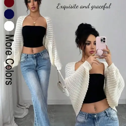 Soft Casual Women's Plain Lightweight Hollow Out Batwing Sleeve Knit Cardigan, Long Sleeve Loose-Fitting Fall & Winter Top, Slouchy Knit