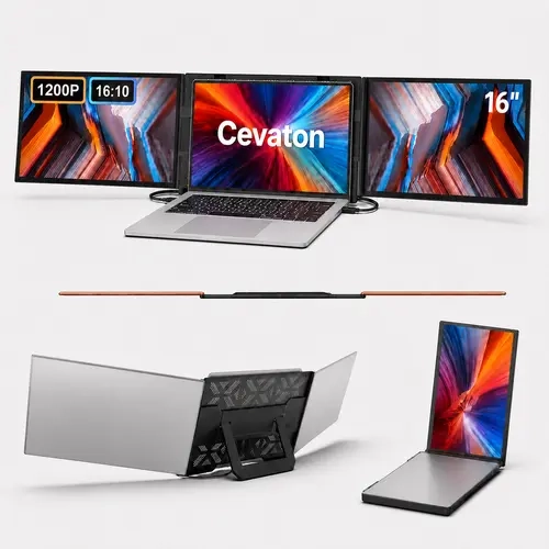 Cevaton S12 Series 16" Dual Aftermarket Screen Extender Monitor, 1920×1200 16:10 IPS Portable Computer Monitor, 350 Nits, Freestanding Workstation, USB-C/HDMI Multi-Port, Requires 2 Video Outputs, Monitors, Workstations