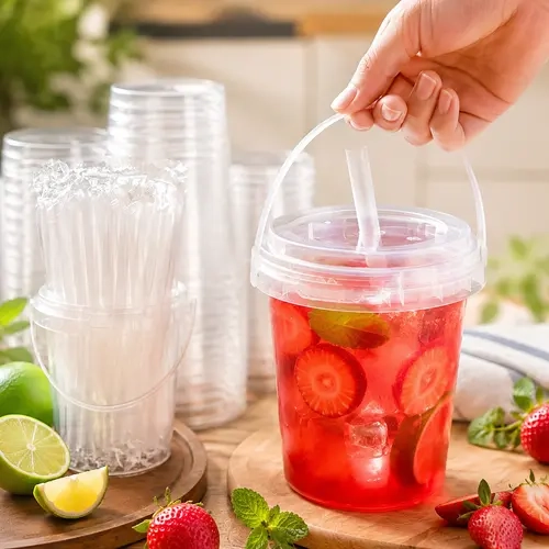 34oz Lightweight Large PP Plastic with Lid Cups with Straws, 15/30 Sets Disposable Leak-Proof Food-Safe Portable Drinkware, The Box Included Party Beach Supplies