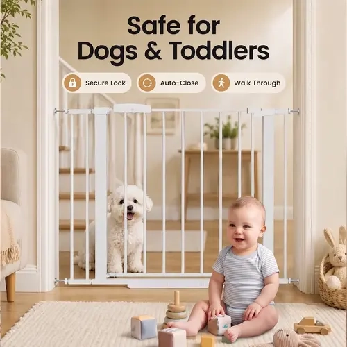 Sweetcrispy Safety Barrier, Auto-Close White Baby Gate for Stairs, Pressure-Hardware Mounted Easy-Install Pet Gate for Doorways, Toddler Home Essential