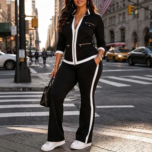 CHICME Women's 2 Pieces Outfit Two-Way Zipper Front Stand Collar Top and High Waist Straight Leg Pants Casual Tracksuit Soft