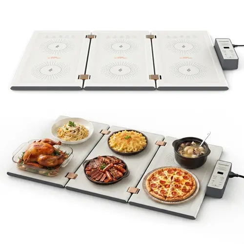 SNOWCLAD Foldable Rectangular Electric Food Warming Tray - 25x15in Metal Surface, 9-Setting Temp Control (80°F-248°F), Easy-Clean Oil-Resistant, Fits Glass/Ceramic/Metal Serveware, Ideal for Parties Holiday Gifting
