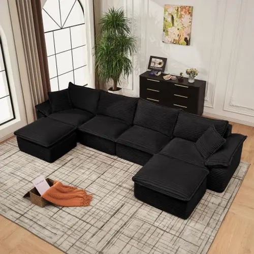 Niccae 144" Oversized U-Shape Corduroy Upholstered Sectional Sofa Set (3 Sub Packages) - Foam Cushion, Fixed Arms, Movable Ottoman, No Assembly, Living Room Modern Furniture, Corduroy Upholstered Couch