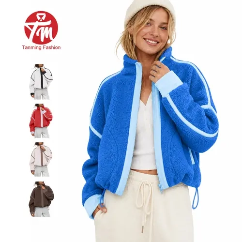 Tanming Womens Sherpa Fleece Full-Zip Jacket - Cropped Sherpa Coat Cozy Sweatshirt Outerwear with Pockets and Drawstriped Hem - Fall Winter Casual Loungewear Activewear Shopping Outdoor Travel Streetwear Outfits