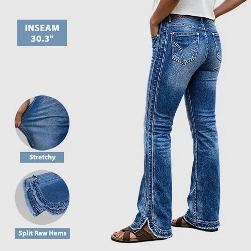 Flamingals Stitch Detail Raw Hem Split Mid Waist Bootcut Jeans Without Belt Stretchy 31.1'' Inseam