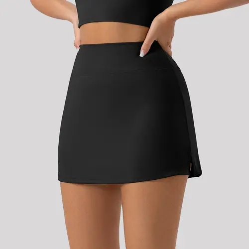 Women High Waist Slit Sports Skort, Solid Color & Leopard Print Anti-See Through Mini Skirt, Breathable Skin-Friendly Stretchy Casual Short Skirt with Built-in Shorts, 88% Polyester 12% Spandex Lightweight Pencil Skirt