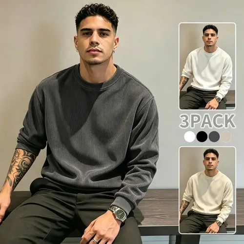 Men’s Textured Round Neck Long Sleeve Knit Sweaters, 1-Pack/3-Pack Minimalist Solid Menswear Pullovers, Versatile for Daily Commute & Indoor Wear (Spring/Autumn/Winter)