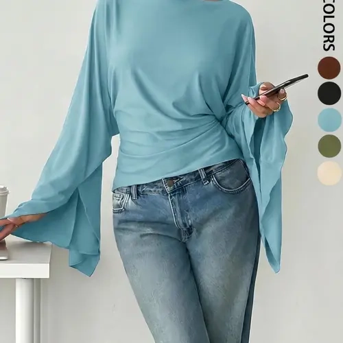 Batwing Sleeve Tie Back Top, Boat Neck Pleated Slim Fit Short Shirt, Back Knot Waist Cinch Blouse, Elegant Long Sleeve Casual Office Wear, Boatneck Batwing Top