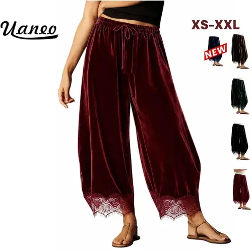 UANEO Women's Velvet Lace Hem Pants, Cropped Wide Leg Trousers with Elastic Drawstring Waist and Pockets, Soft Casual Chic Pants