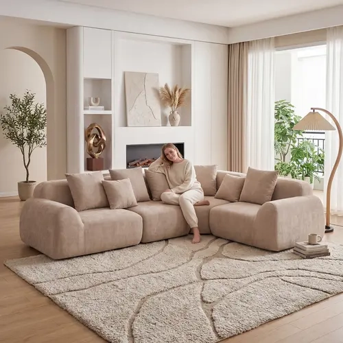 Niccae Modern 4-Seat Oversized Cloud Velvet Curved L-Shape Sectional Boneless Couch (118in), Fixed-Arm Chaise Sofa with Durable Compression Memory Foam Upholstery, No Assembly Required (Sub 2 Packages)