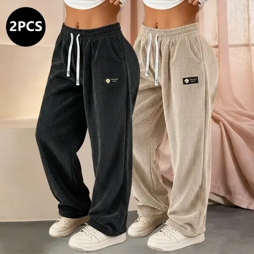 Women's 2-Pack Solid Plain Corduroy Straight Leg Bottoms - Stylish Drawstring Waist Pants for Women, All-Season Casual Trousers Ideal for Everyday Dates
