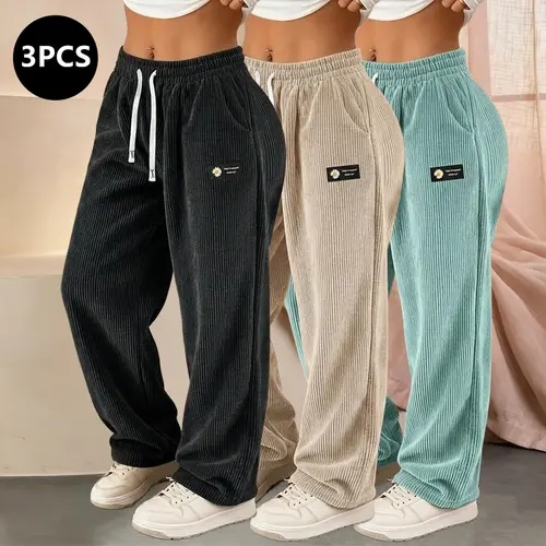 Women's 3-Pack Plain All-Season Corduroy Activewear Long Pants - Comfy, Soft Fabric Clothes with Elastic Drawstring Waistband, Pocketed Design, Feminine Items for Women's Pants Multi Pack Everyday Wear