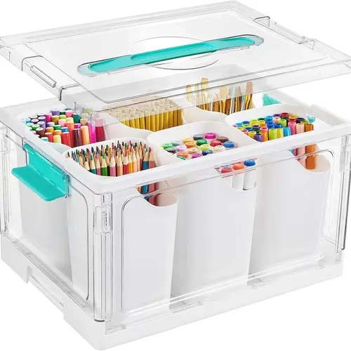 【Art Supply Station】Vtopmart 1/2 Pack 24QT Rectangle Clear Plastic Craft Storage Box with 6 Detachable Inserts, Collapsible Flexible Sorting,  Multifunctional & Lockable Containers for Art Tools Crayons Pencils Markers Makeup, TikTokShopFallDealsForYou