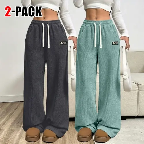Women's 2-Pack Minimalist Solid Plain Corduroy Athletic Pants - All Seasons, Drawstring, Pockets, Breathable, Comfy Pants for Women for Everyday Activities
